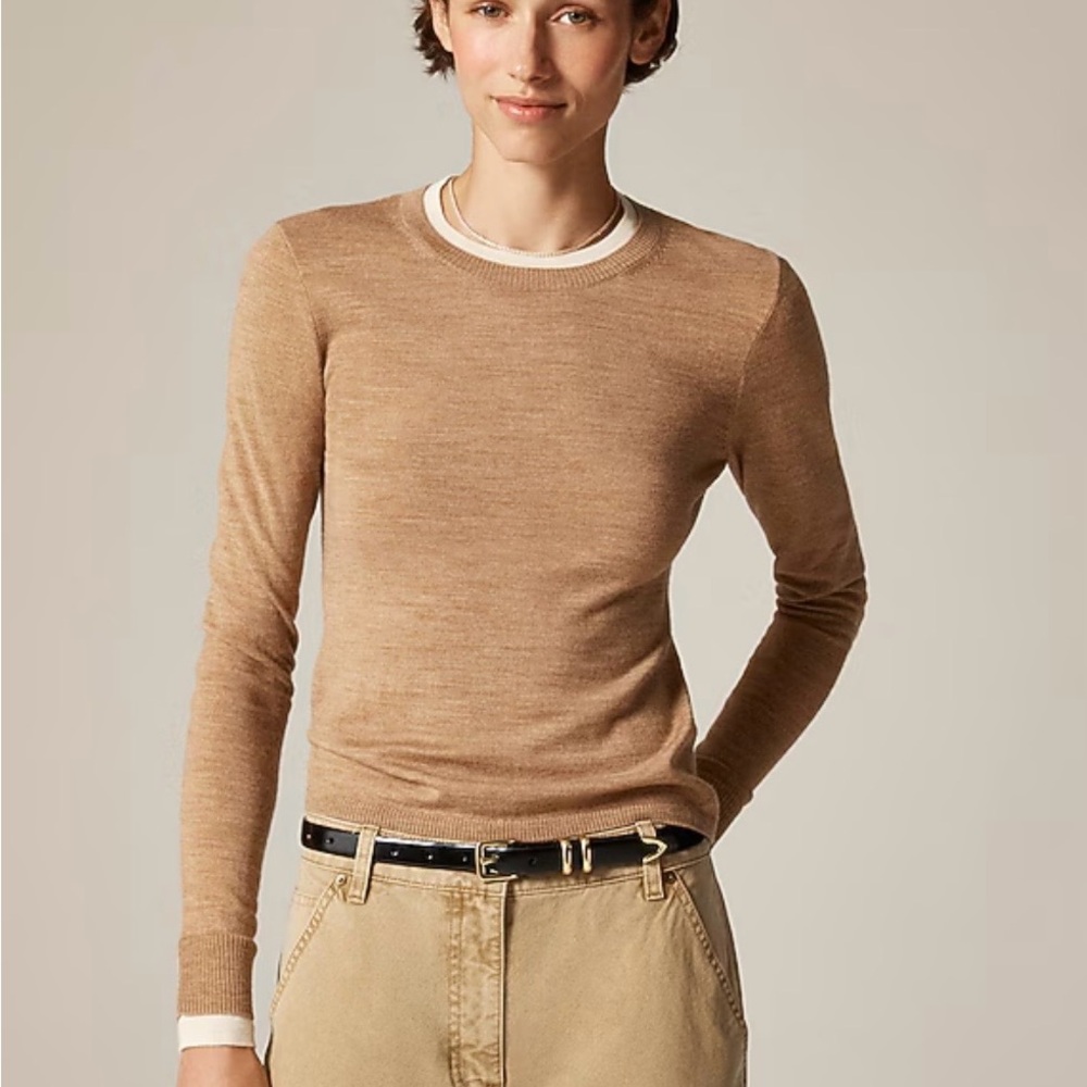 J. Crew Carolyn merino wool layered crewneck sweater in camel Size S NWT $110